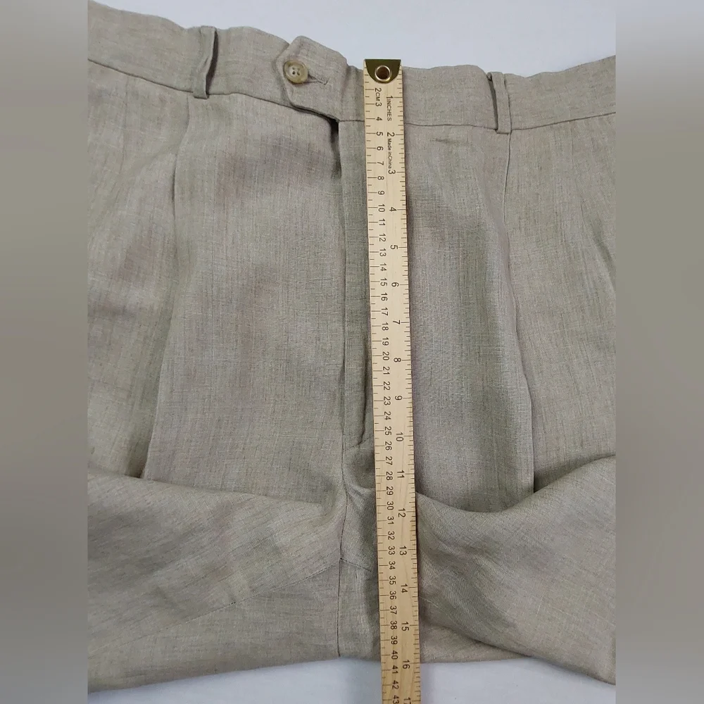 Paul Fredrick Dress Pants Mens Size 38x29 Beige Tan 100% Linen Pleated Cuffed